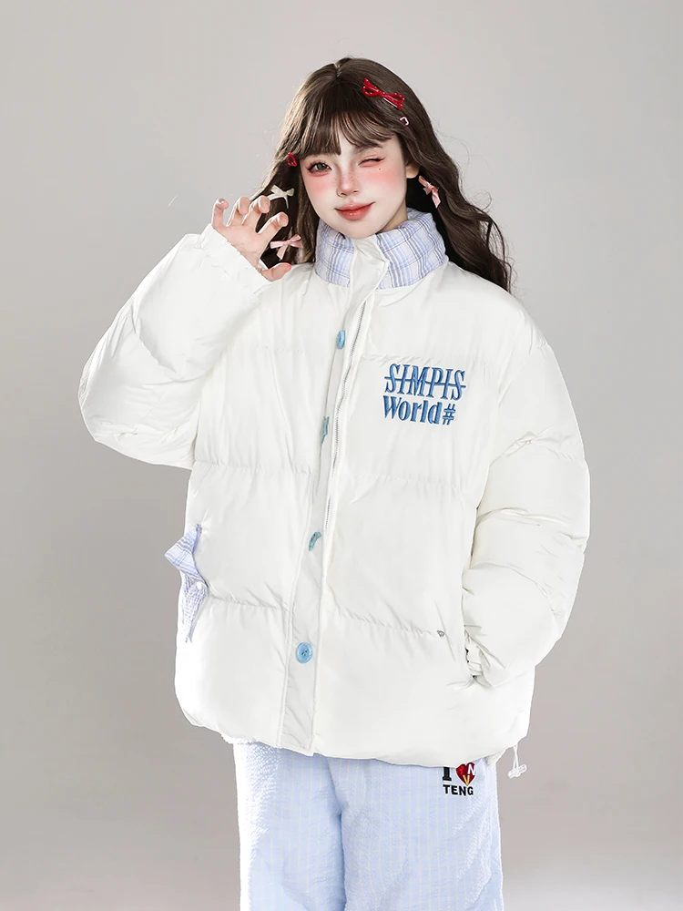 Корейская милая вышитая буквенная клетчатая куртка с воротником-стойкой