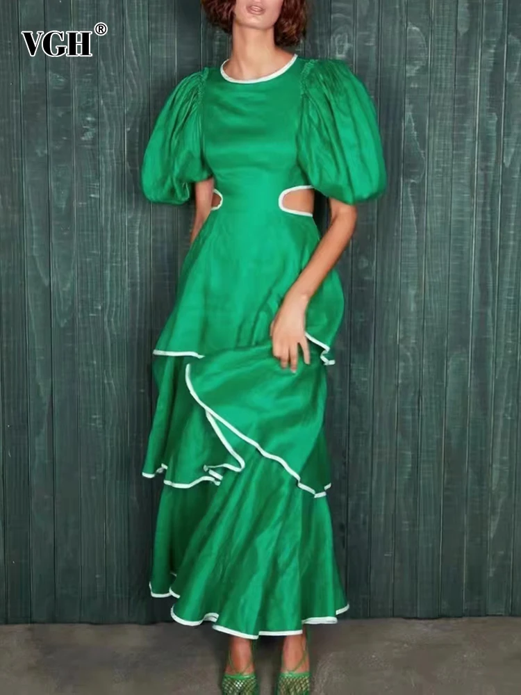 

Женское платье с круглым вырезом VGH, повседневное лоскутное платье с короткими рукавами-фонариками и оборками в стиле КолорБлок, 2022