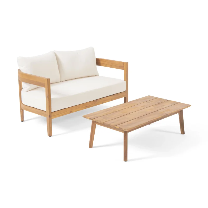 

Deandre Outdoor Acacia Wood Loveseat Set with Coffee Table, Teak, Beige