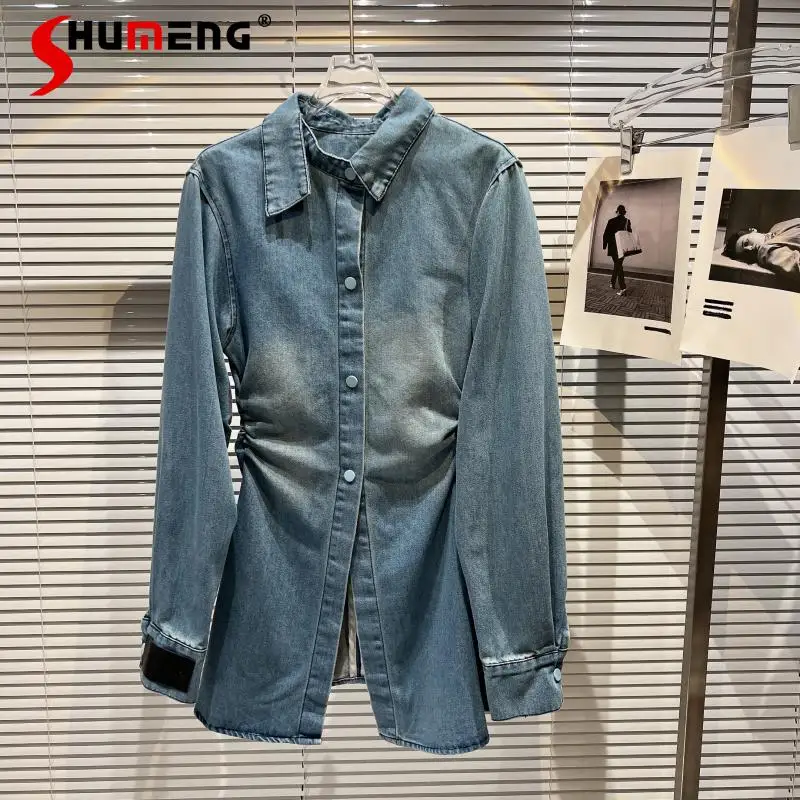 

2022 Spring Fall New Ladies Fashion Classic Style Pleated Denim Shirt Women Streetwear Elegant Simple Slimmeng Jeans Blouses Top