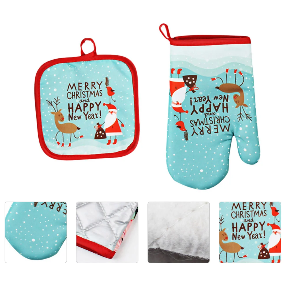 

2pcs Microwave Glove Mat Set Oven Mitts Anti- Pot Holder Christmas Table Mat Xmas Heat Resistant Mitts