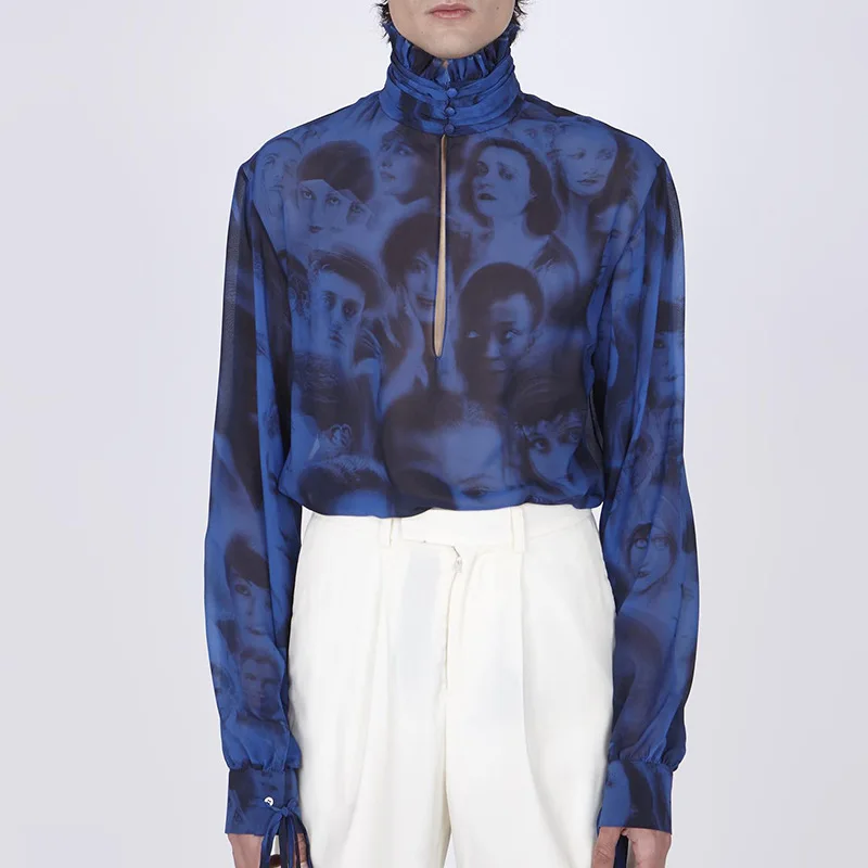 

Fashion Turtleneck Pullover Party Button Print Draped Chiffon Shirts Men Long Sleeve Hollow Tops Sexy Tie-up Tee T-Shirts 2023