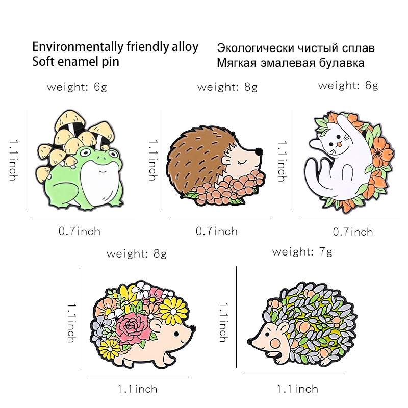 Цветочные животные эмалевые заколки на заказ Ежик кошка Лягушка Брошь грибы