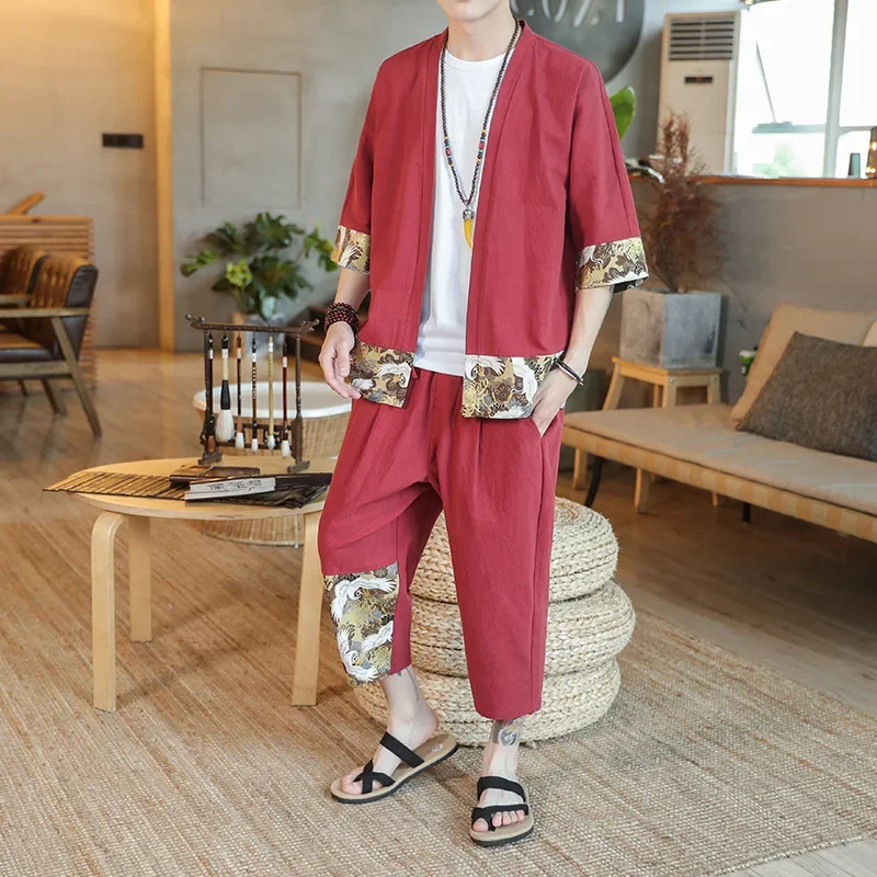 Vintage Chinese Style Men's Loose Fit Casual Jacquard Tang Suit Trendy Cotton Linen Two-piece Short Sleeves
