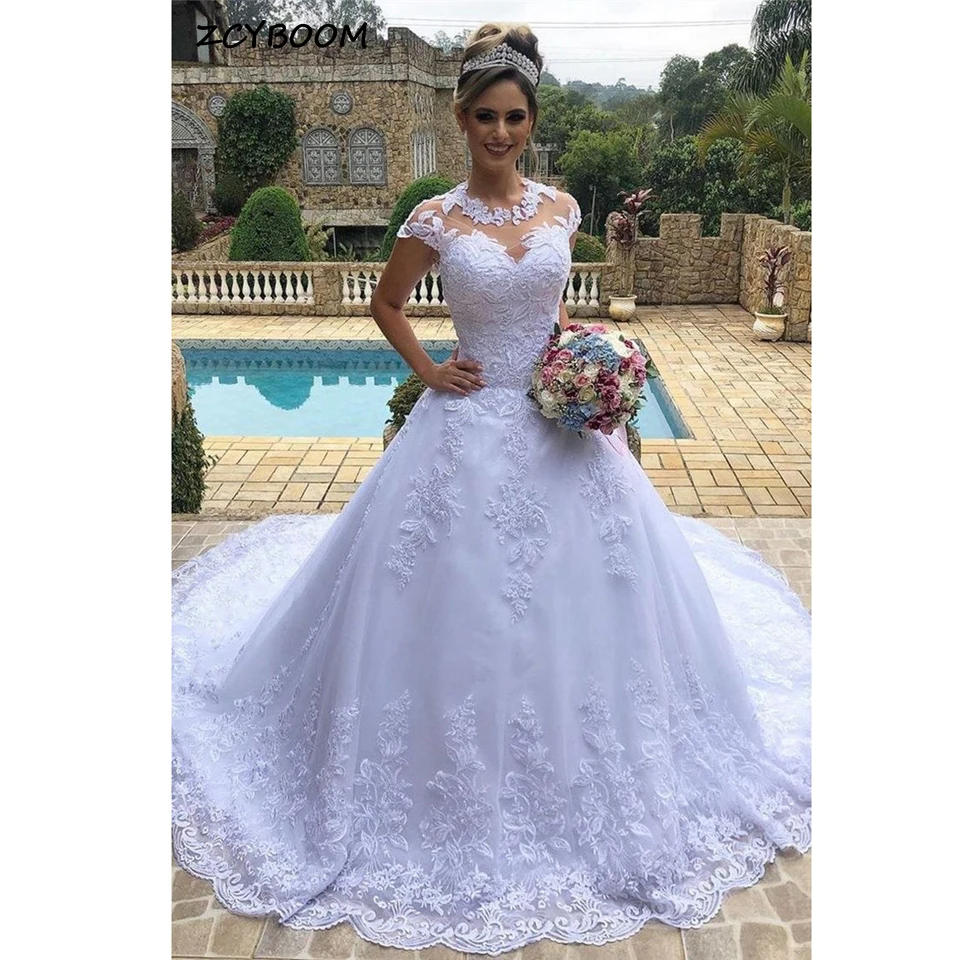 

Elegant White O-Neck Appliques Cap Sleeves Wedding Dresses 2023 Ball Gown Floor Length Sweep Train Custom Made Bridal Gown