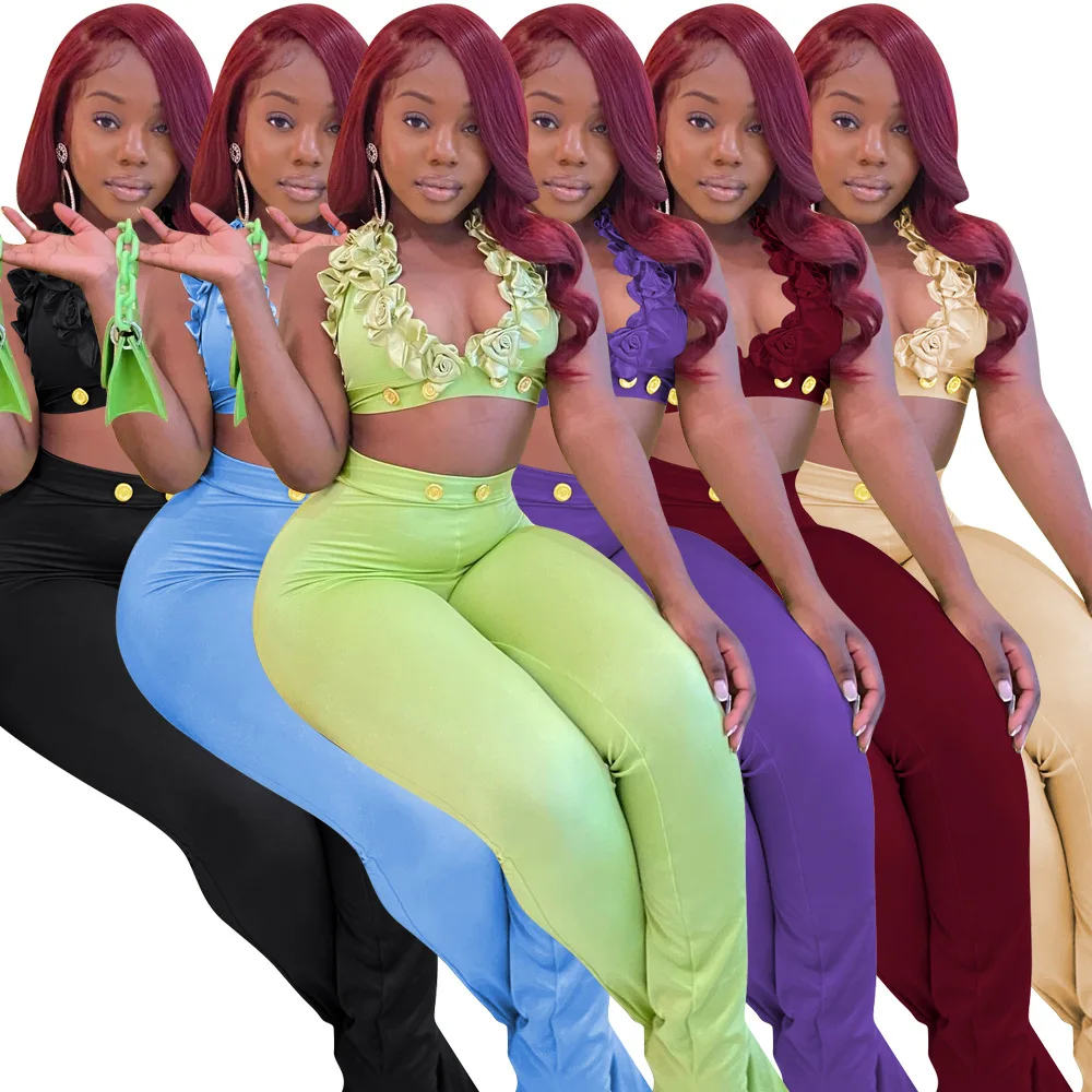 

Sexy Halter Bra Club Outfit 2 Pieces Sets Women Flower Crop Top and Skinny Long Pants Women Party Wear Nightclub Clothes Outfits