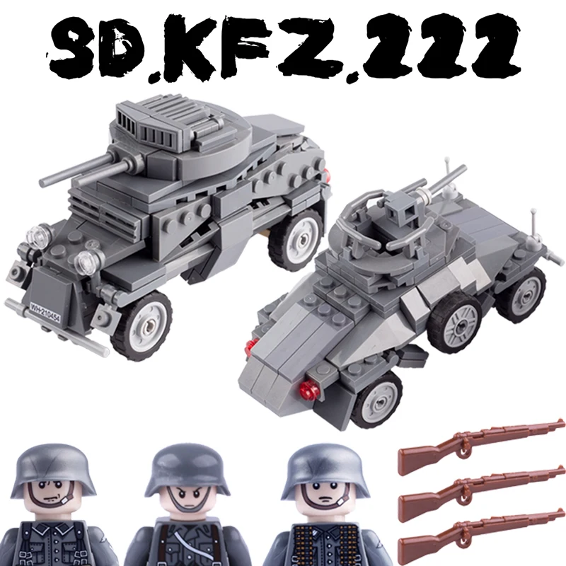 

MOC WW2 German Military Armored Car Model Building Blocks Army Soldiers Figures Weapons War Scene KFZ 222 Vehicle Bricks Toys