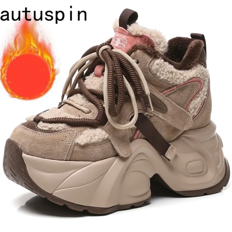 AUTUSPIN/зимние теплые кроссовки на высокой платформе 9 см женская модная замшевая