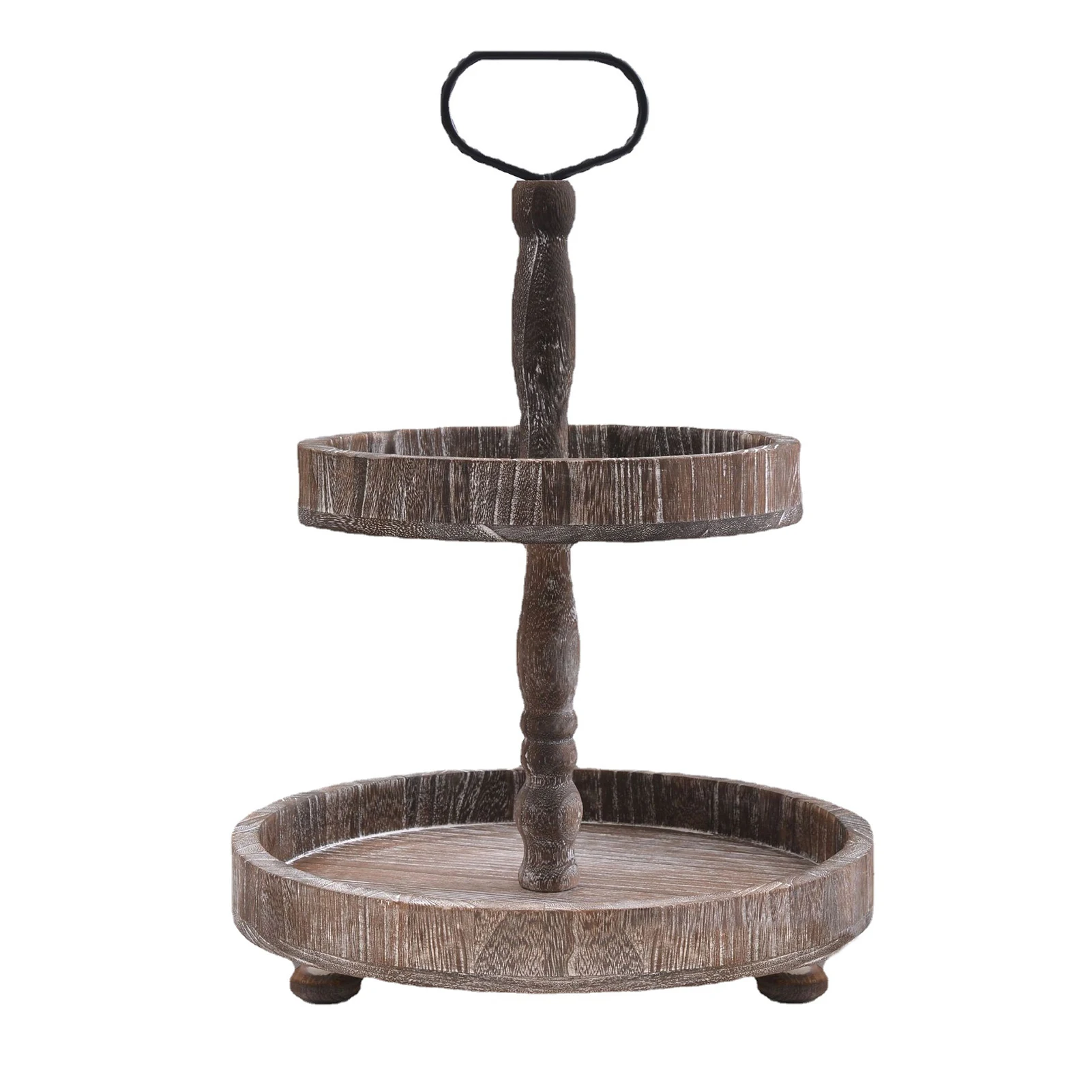

Round Cake Handles 2 Countertop Kitchen Bar Stand Wooden with Farmhouse Stacked Serving Coffee Tier Tray Metal Accessories Fruit