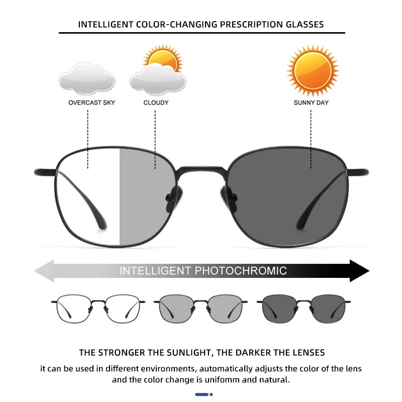 BLMUSA Photochromic Myopie Prescription Glasses Retro Oval Ultralight Pure Titanium Men Eyewear Anti Blue Light Reading