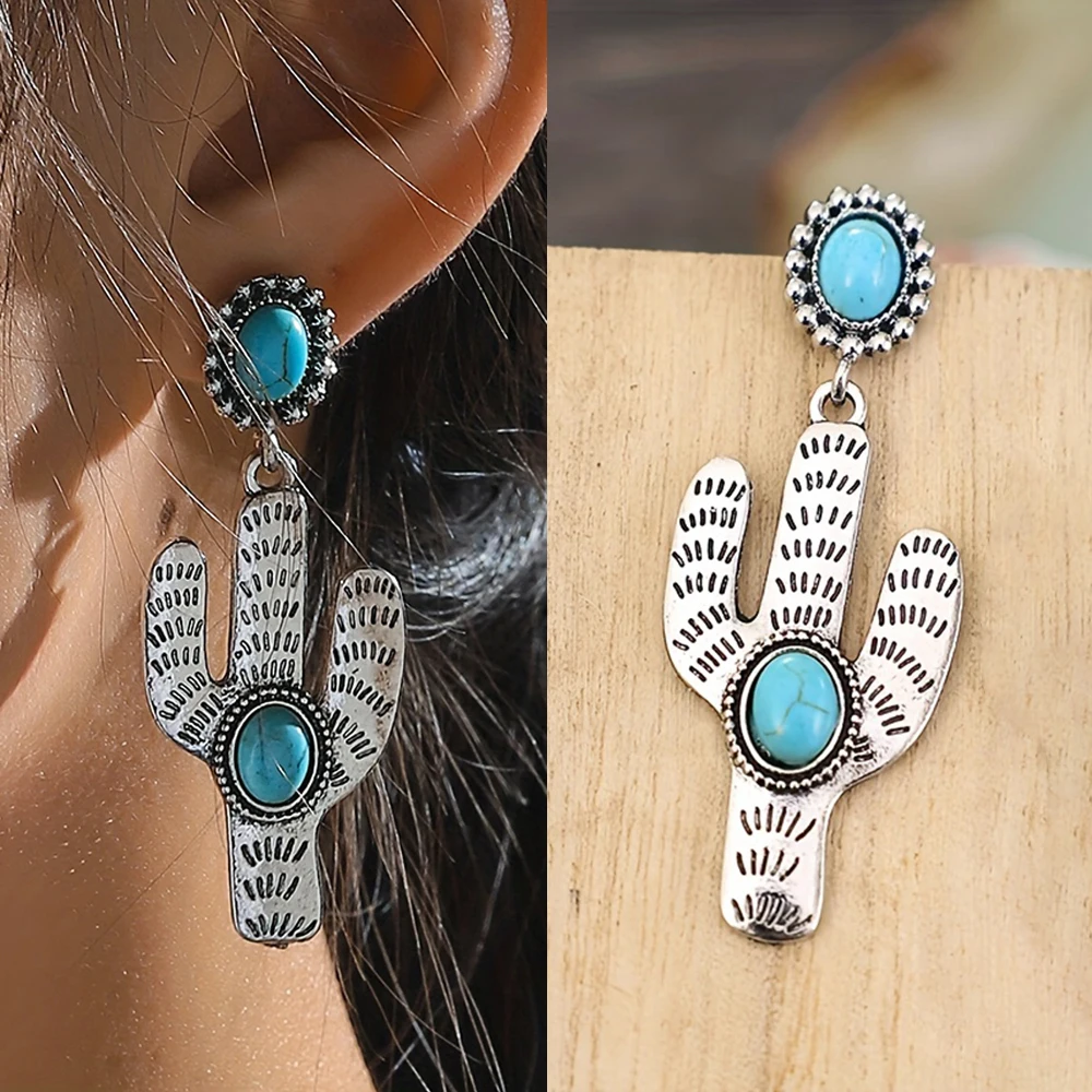 

Cactus Unique Dangle Hanging Earring for Women Greenstone Statement Retro Piercing Eardrop Accessories Party Lady Jewelry Gifts