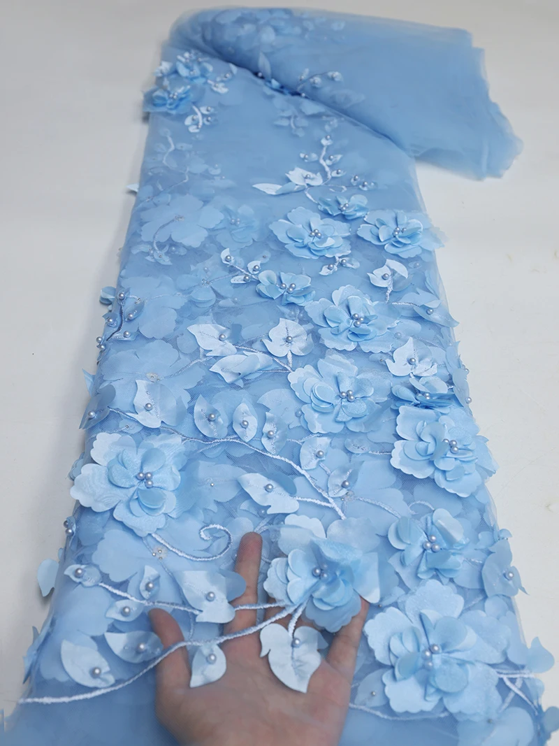 

5yards Pink 3D Beads Lace Fabric 2023 High Quality Mesh Embroidery Applique 3D Flower Tulle Nigerian Lace Fabrics For Bridal