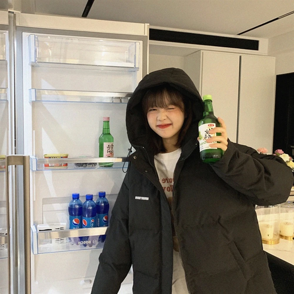 2022 New Winter Solid Color Hooded Thickened Down Jacket For Students Loose Straight Cotton Jacket For Women
