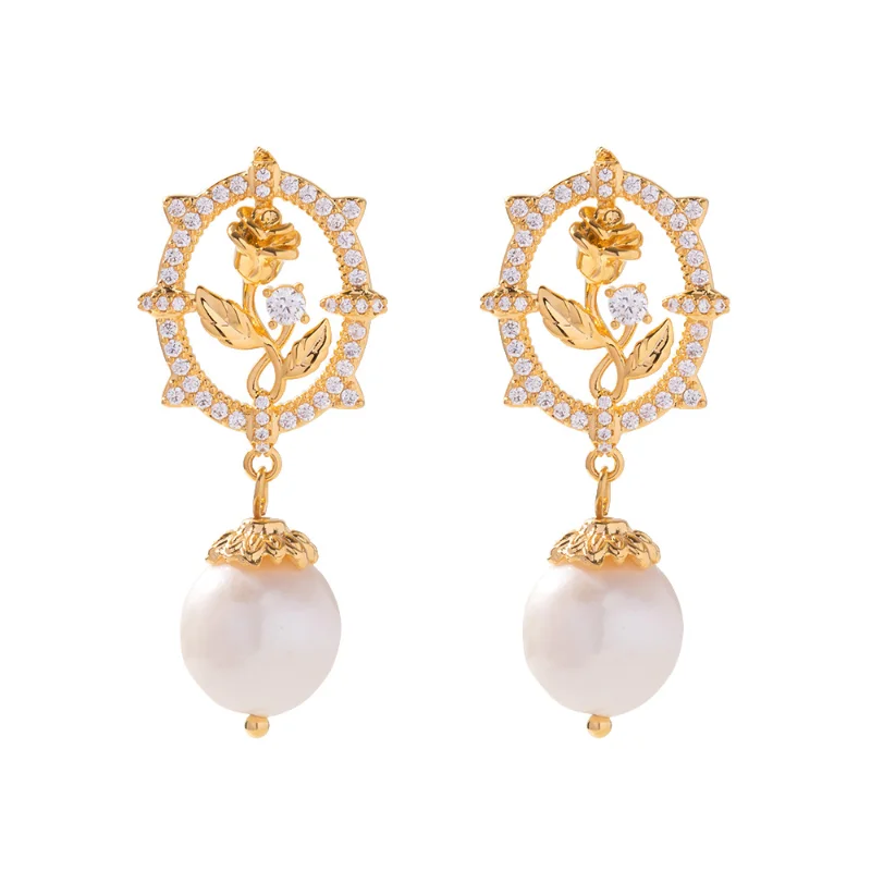 

Minar Cool Real Freshwater Pearl Drop Earrings for Women 14K Gold Plated Brass Shiny CZ Cubic Zirconia Hollow Rose Long Earring