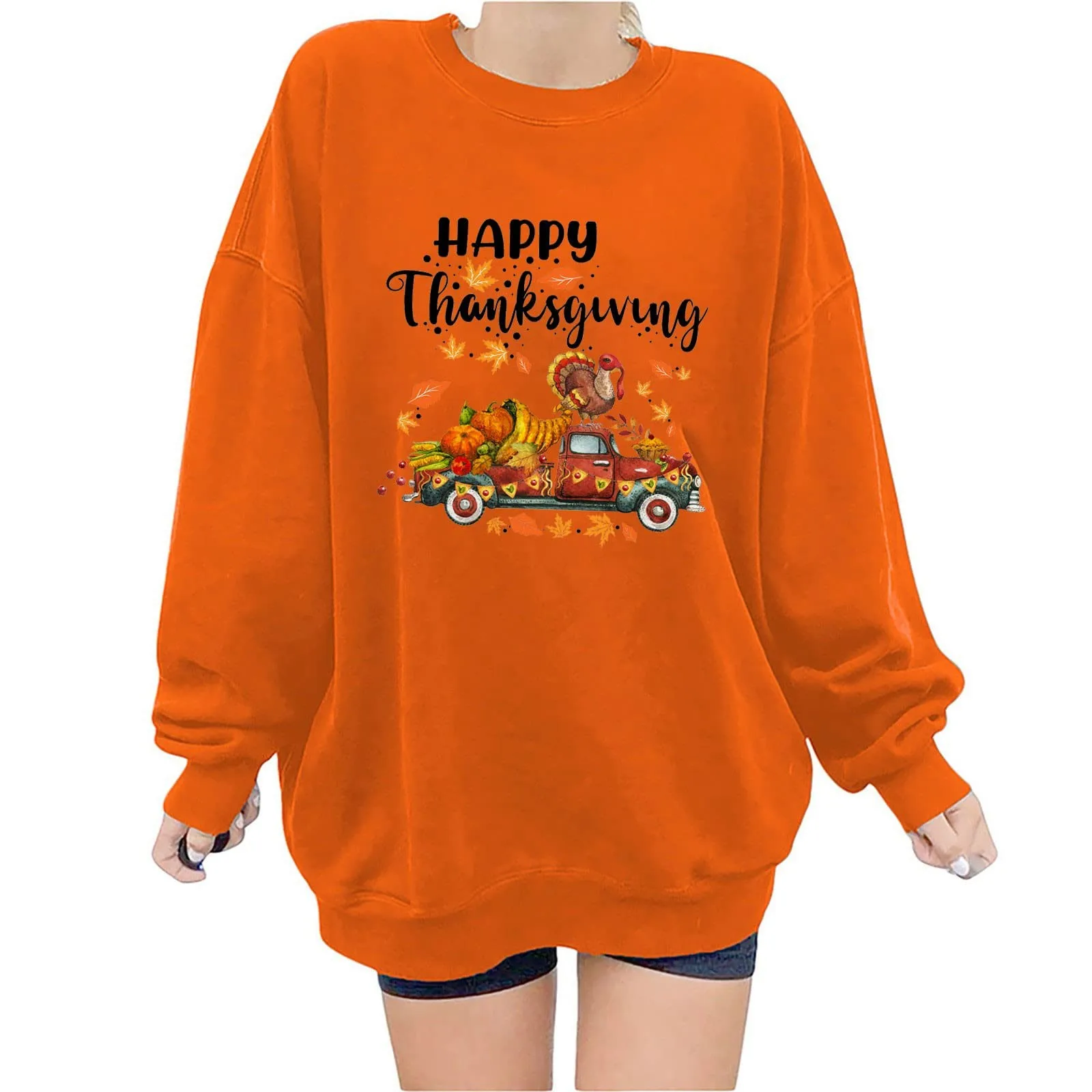 

Thanksgiving Cute Print Womens Top Loose Round Neck Long Sleeve Casual Loose Pullover Top Sweater Hooded Jacket Women