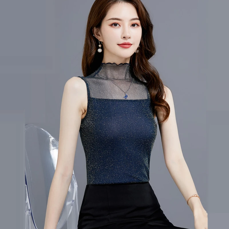 

В Корейском стиле; Модные сетчатые майка для женщин кружева офис леди Танк топ бусины из чистого размера плюс XXXL черное платье без рукавов с ...