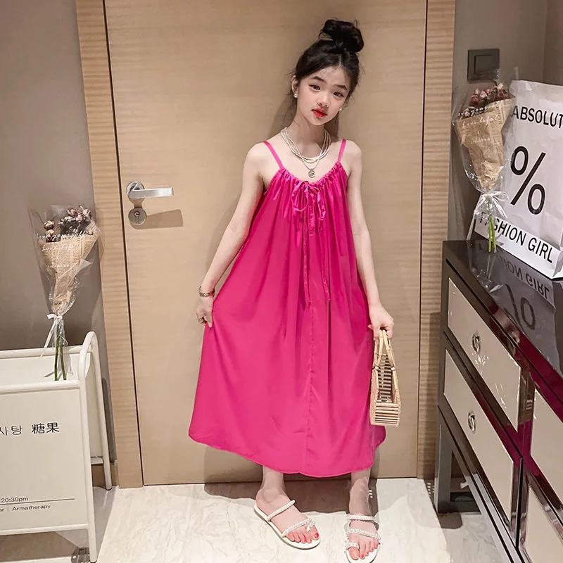 

Girls' Dress Summer 2023 New Children's Clothing Fashionable Thin Style Summer Dress Dragon Fruit Color Strap Dress