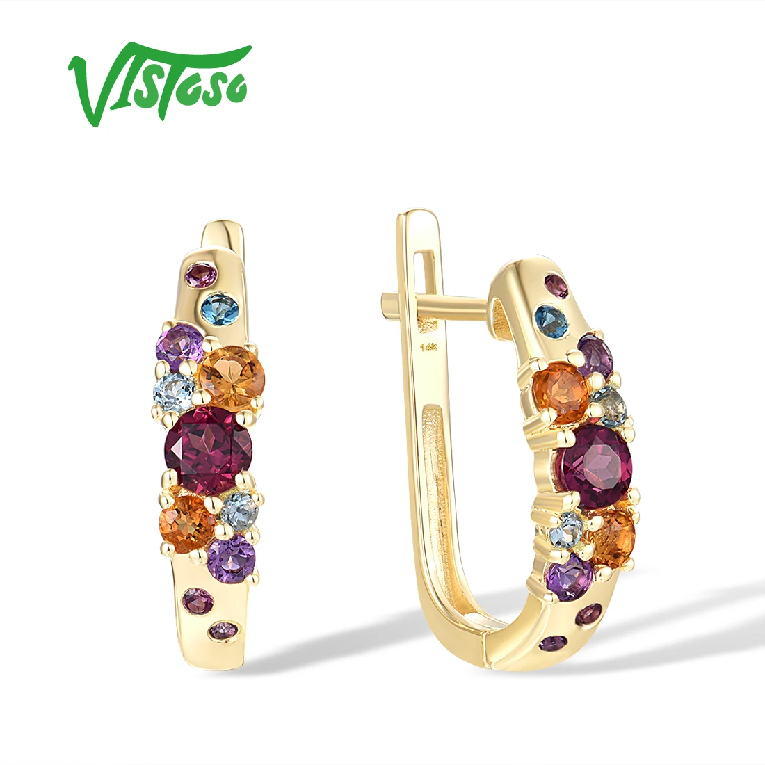 

VISTOSO 14K 585 Yellow Gold Earrings For Women Multicolor Gems Rhodolite Garnet Citrine Amethyst Topaz Earrings Fine Jewelry