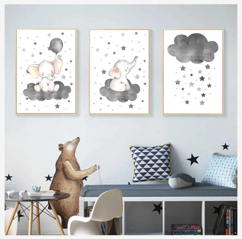 

Art Print Wall Picture Canvas Painting Nordic Kid Baby Bedroom Decoration Cartoon Elephant Balloon Cloud Poster Animal Nursery