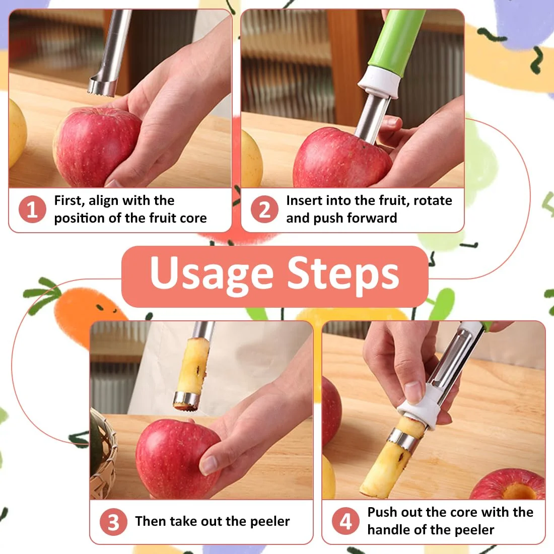 Фото 2в1 Нержавеющая сталь FruitVegetableCorerPeeler-Sharp ApplePearPitterSeeder EasyTo Clean Кухонные гаджеты Инструмент для удаления семян №4