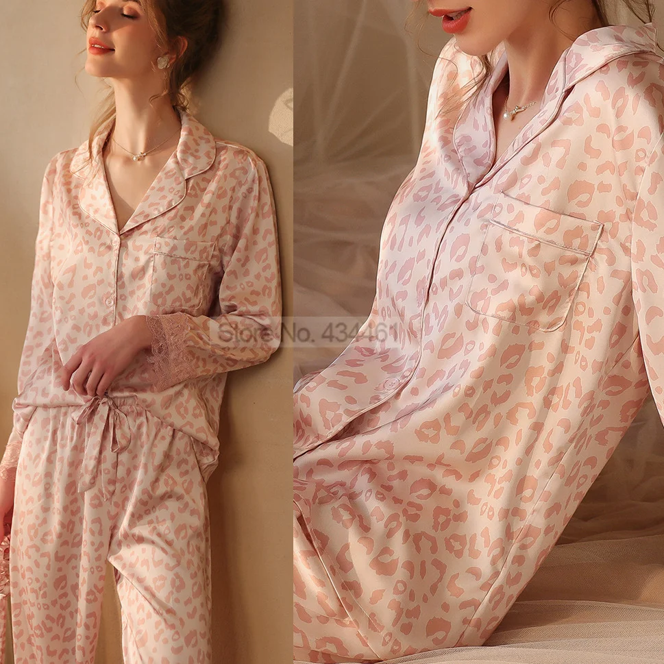 

Print Leopard Pajamas Pour Sleepwear Femme Rayon Turn-down Collar Lace Patchwork Lingerie Nightgown Pyjamas Summer Nightwear