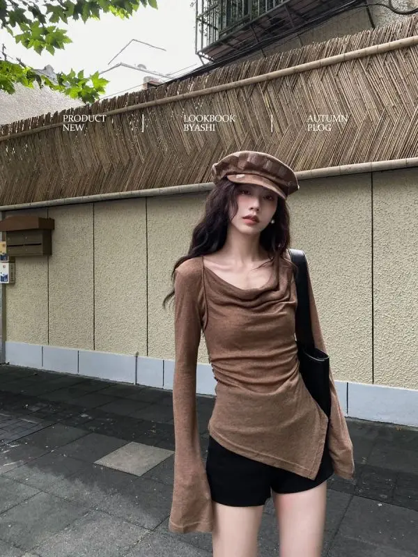 

Осенняя дизайнерская нишевая тонкая Базовая рубашка, Женская облегающая футболка, футболка с принтом Спайс для девушек, одежда на одно плечо с надписью