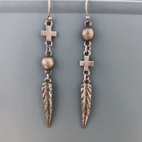 vintage old metal cross feather long earrings for women ethnic silver color hemispherical handmade drop earrings jewelry