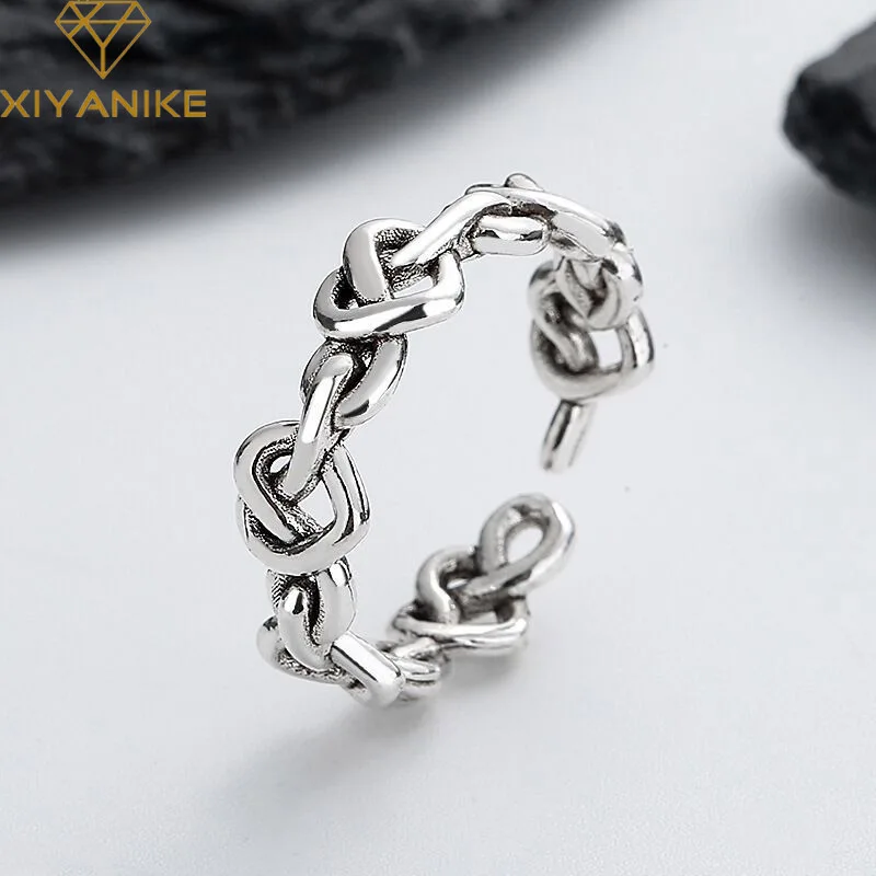 

DAYIN Vintage Thai Silver Lockets Knotted Heart Cuff Rings For Women Girl Fashion New Jewelry Friend Gift Party Anillos Mujer