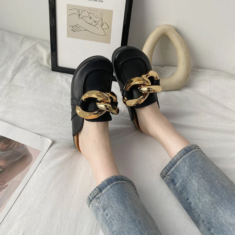 

New Colors Gold Chain Closed Toe Slippers Women Genuine Leather Thick Sole Mules Woman Round Toe Low Heels Mules for women 2022