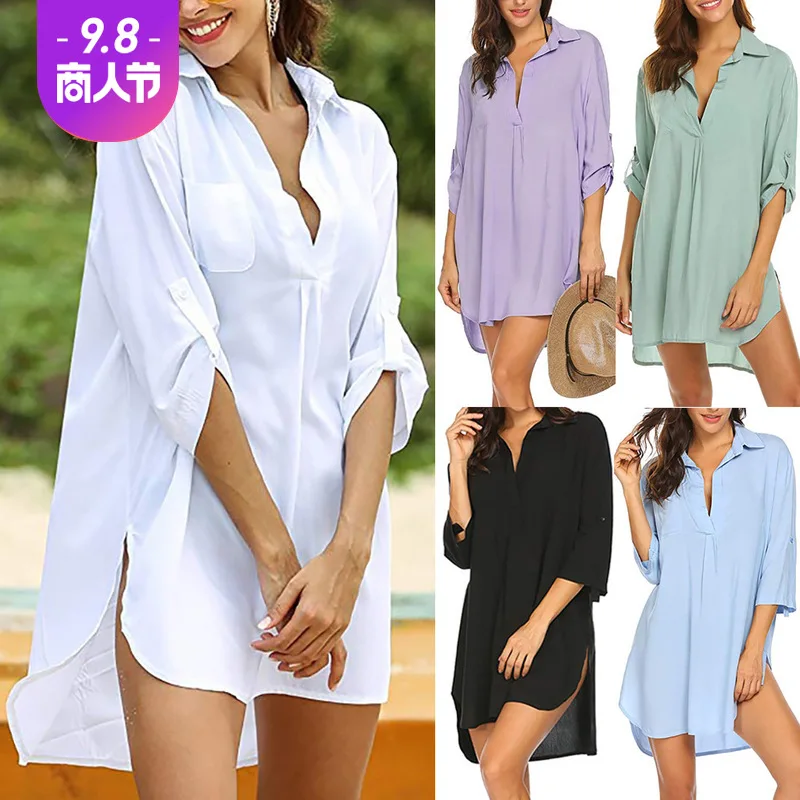 New Arriva Summer Spring Women Deep V-neck Lace Shirt Chiffon Shirt Sunscreen Shirt Dress