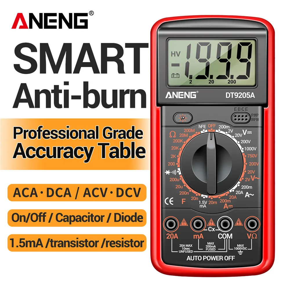 

ANENG DT9205A-12 1999 Counts Digital Multimeter AC/DC Voltage Current Tester Electrical Test Meter Profesional Analog Multimetro