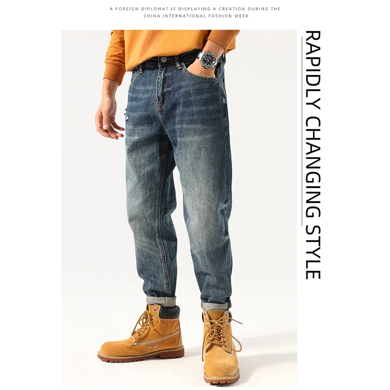 Streetwear Men New Pattern American Chaopai Hole Blue Jeans Vintage Loose Recreational Straight Cylinder Trousers Autumn Female