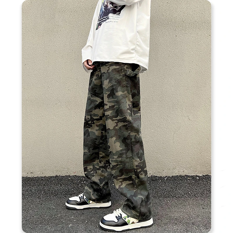 Men Outdoor Camouflage Overalls Jeans Men's Pants Loose Hanging Feeling Straight Tube Wide Leg Rest Slacks Denim Trousers