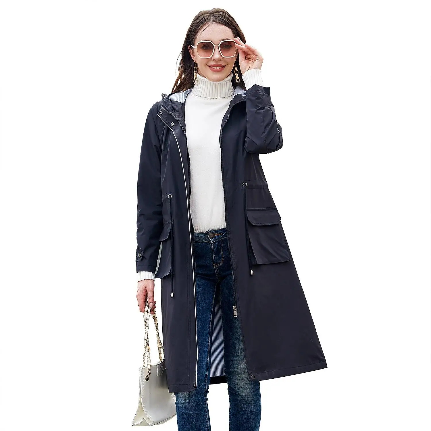 

New Arrival Women Long Trench Coats Waterproof Loose Hooded Windbreaker