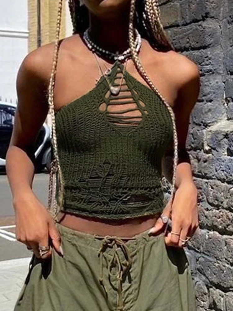 

Женский ажурный топ с лямкой на шее Y2k, трикотажный пикантный мини-жилет с открытой спиной, Модный укороченный топ в стиле ретро, летняя пляж...