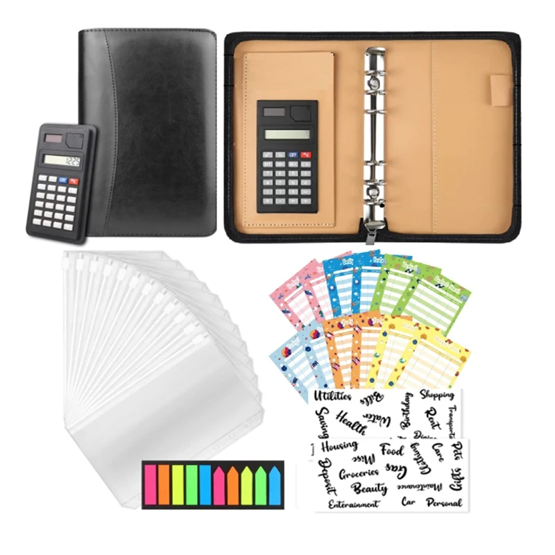 

Budget Binder with Zipper Envelopes, Cash Envelopes for Budgeting, A6 PU Leather Budget Planner with Calculator