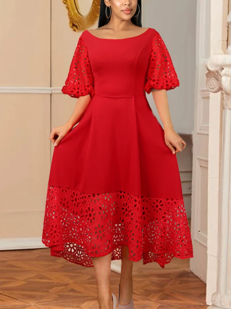 

Women Vintage Red Dress Bare Shoulder Lace Hollow Out Contrast A Line Pleated Dresses Elegant Party Birthday Gowns Large Sizes