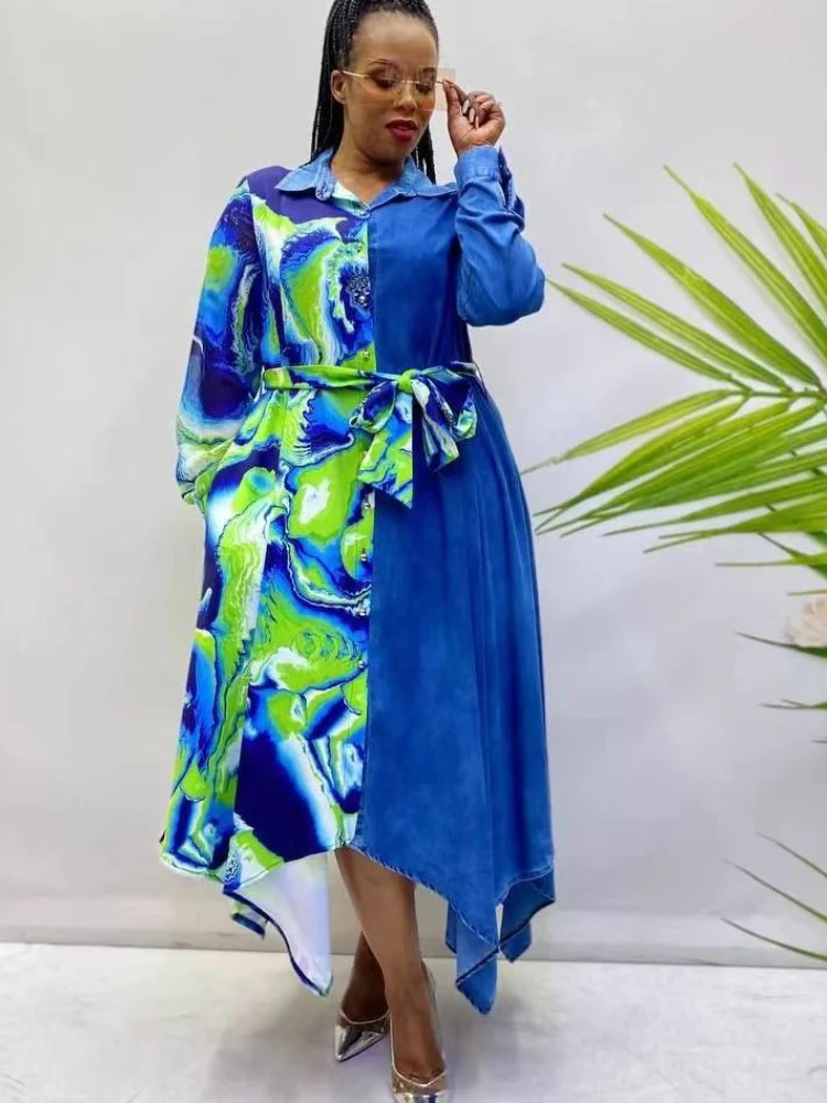 

Джинсовое платье для женщин, африканские Дашики, платье-рубашка с длинным рукавом и принтом, одежда в стиле хиппи