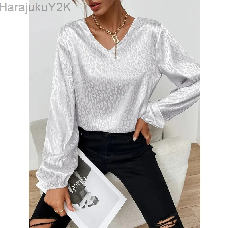 

2022 Leopard Printing Chiffon Blouse Office V-Neck Lady Shirts New Spring Long Sleeve Loose Tops Vintage Women's Clothing 19168