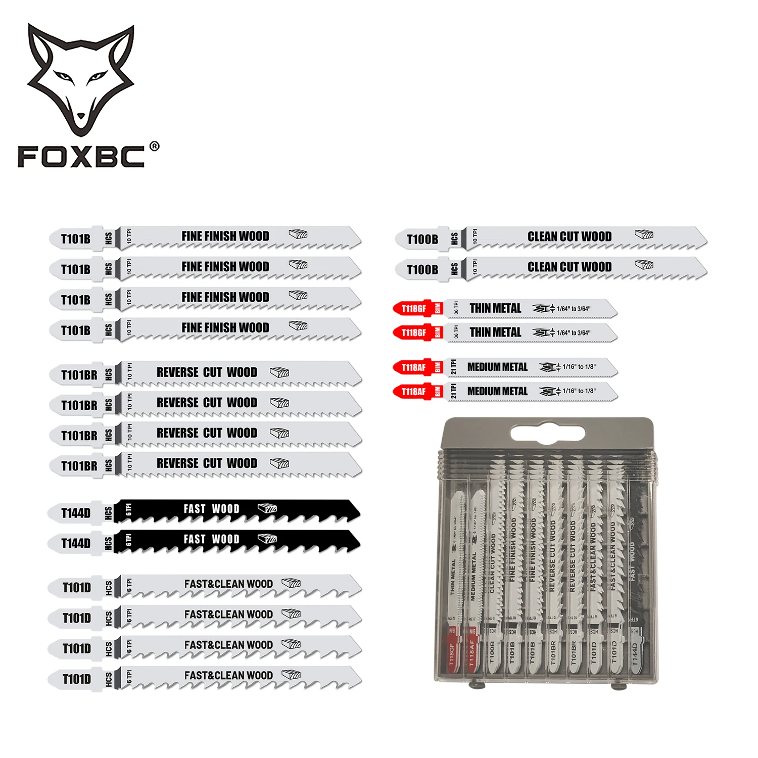 Набор лезвий для резки металла FOXBC, комплект из 20 лезвий с T-хвостовиком BIM/HCS T118GF T118AF T100B T101B T101BR T144D T101D для резки металла по дереву, 6T/10T/32T