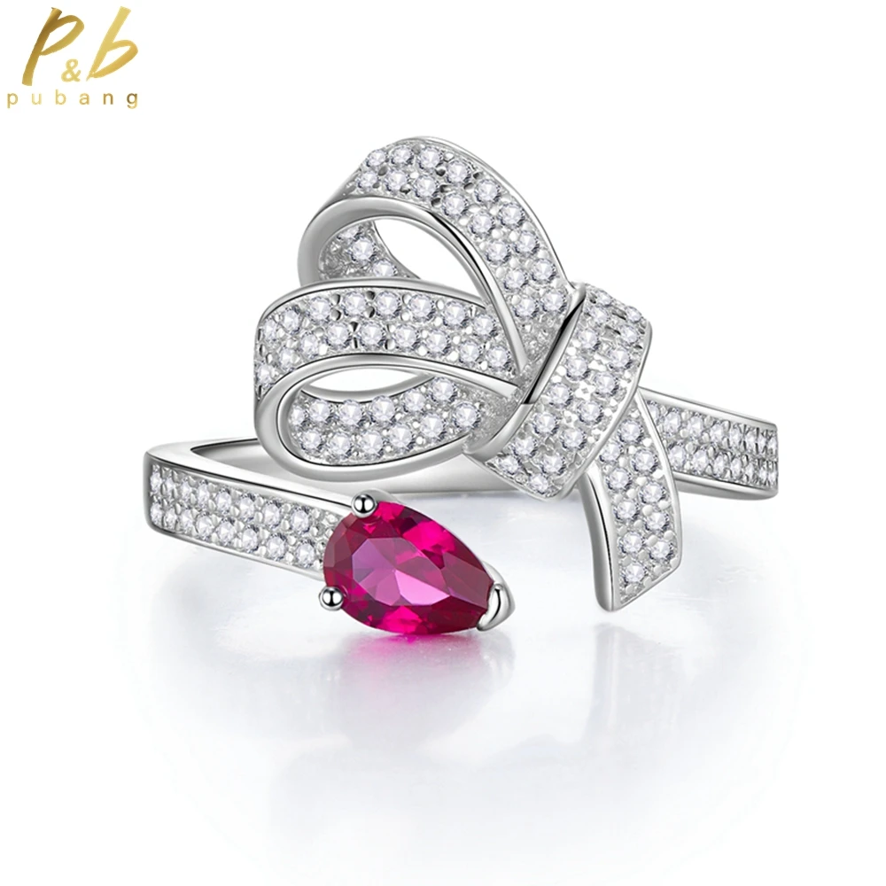 

PuBang Fine Jewelry 925 Sterling Silver Pear Ruby Gem Created Moissanite Sparkling Ring for Women Anniversary Gift Free Shipping