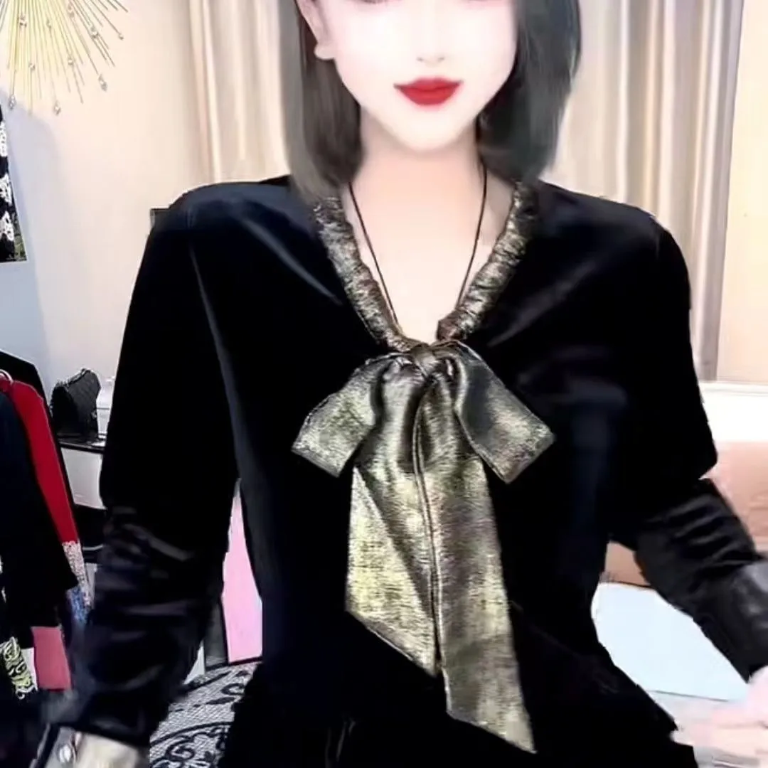 Женская бархатная блузка с длинным рукавом и бантом на воротнике