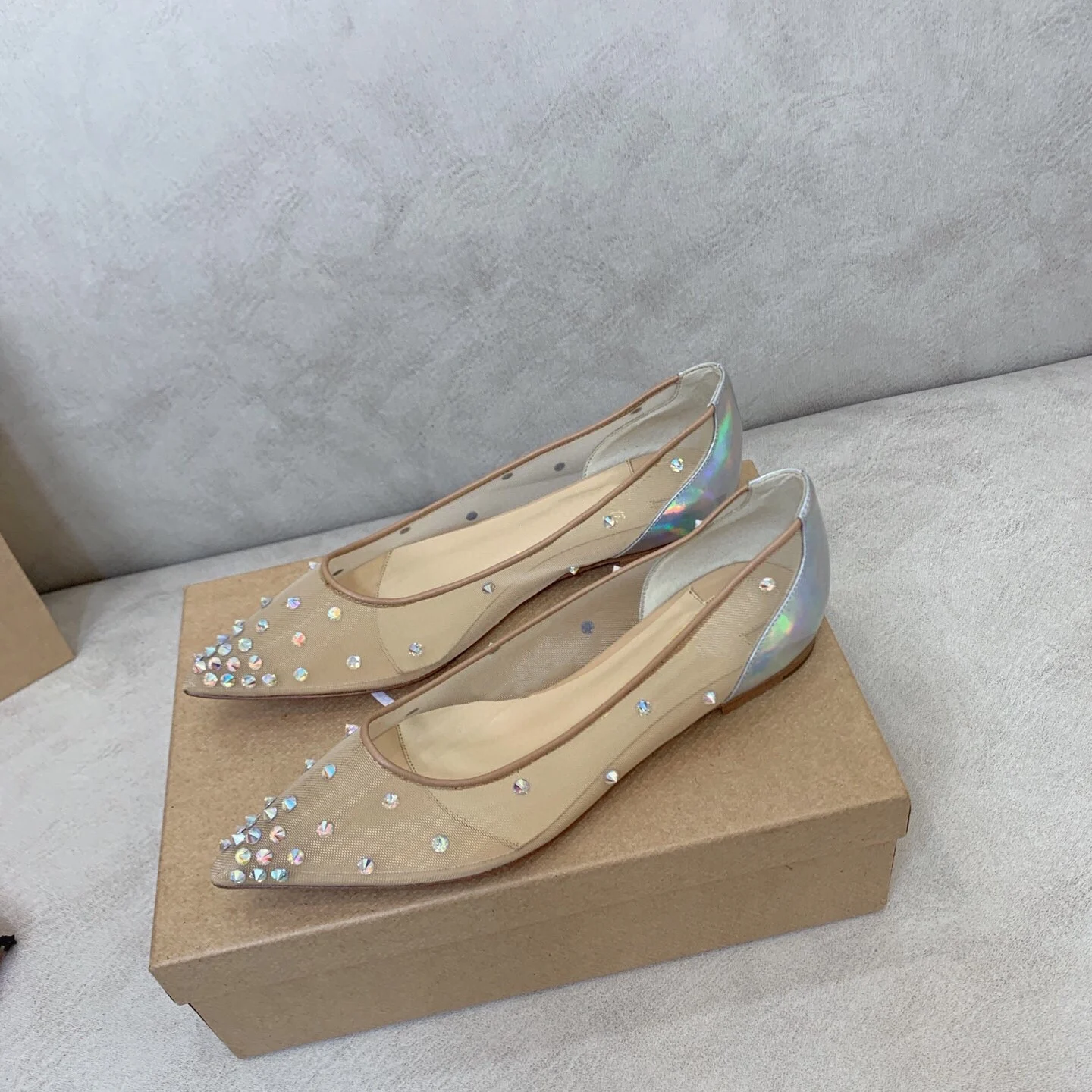 Europe and America 2023 Early Autumn New Pointed Flat Women's Shoes Hot Drill Lace Mesh Breathable Sheet Shoes