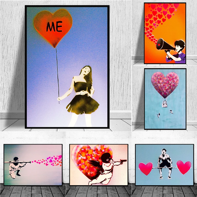 

Bansky Graffiti Art Red Love Heart Wall Poster Prints Abstract Canvas Painting Wall Art Picture for Living Room Home Decor