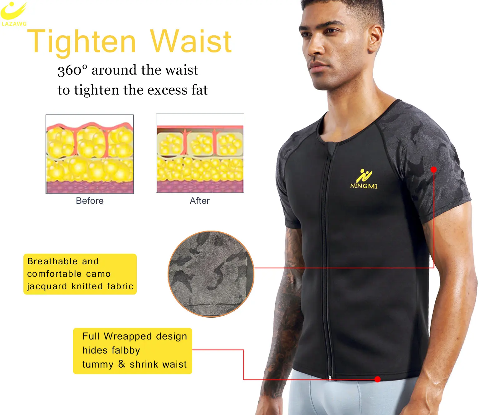 LAZAWG SaunaT-Shirt for Men Sweat Top Weight Loss Slimming Short Sleeve Body Shaper Fat Burner Gym Exercise Sport Workout