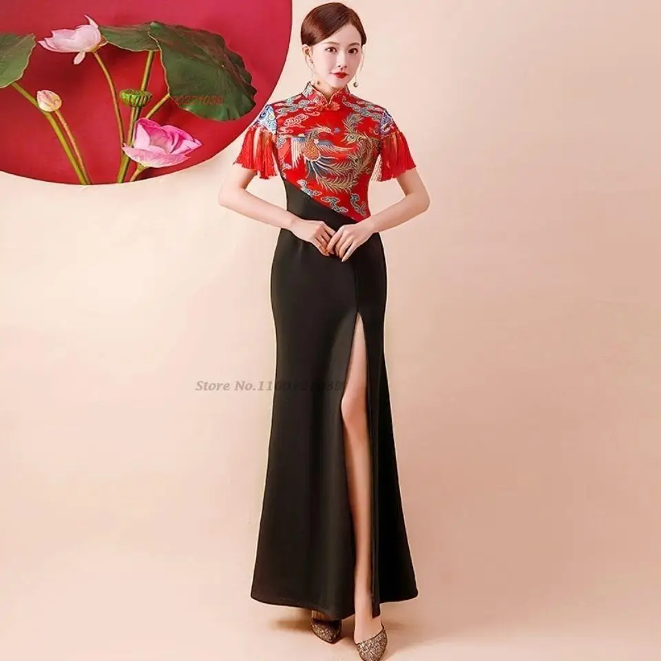 2023 chinese vintage dress traditional qipao national flower embroidery dress cheongsam oriental banquet evening dress vestido