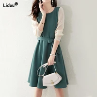 spring autumn elegant fashion solid color womens clothing patchwork belt slender dresses grace trend korean a line skirt 2022