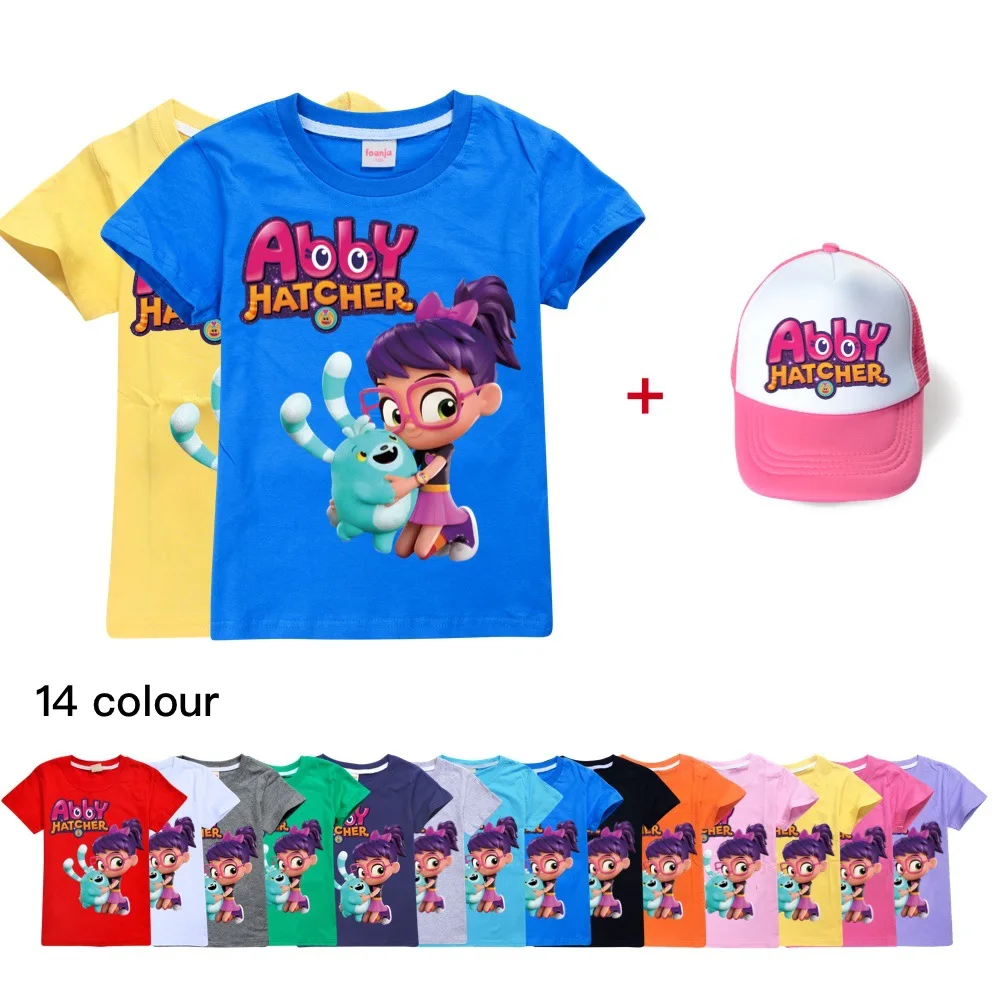 

Новинка, летняя футболка с принтом Эбби Хэтчер, Детская футболка с милым мультяшным 3D рисунком для мальчиков и девочек, детская одежда, унисекс, с коротким рукавом и солнцезащитной шляпой