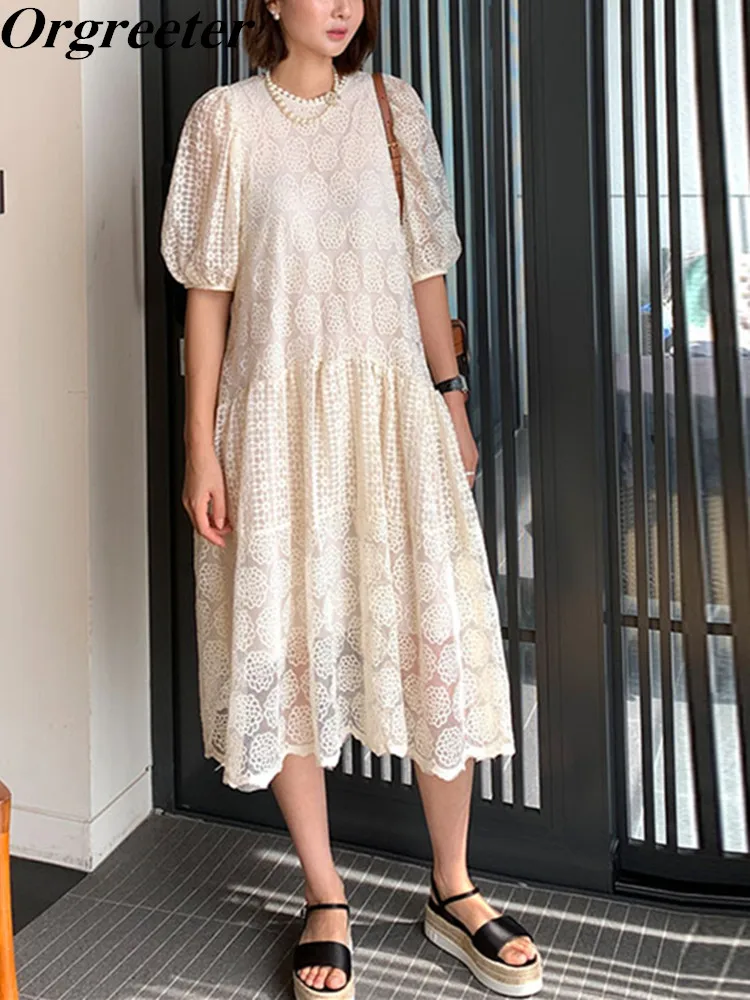 

Vintage Elegant Women Lace Flower Embroidery Dresses Vestidos 2022 New Fashion Short Sleeve A-line Loose Summer Dress