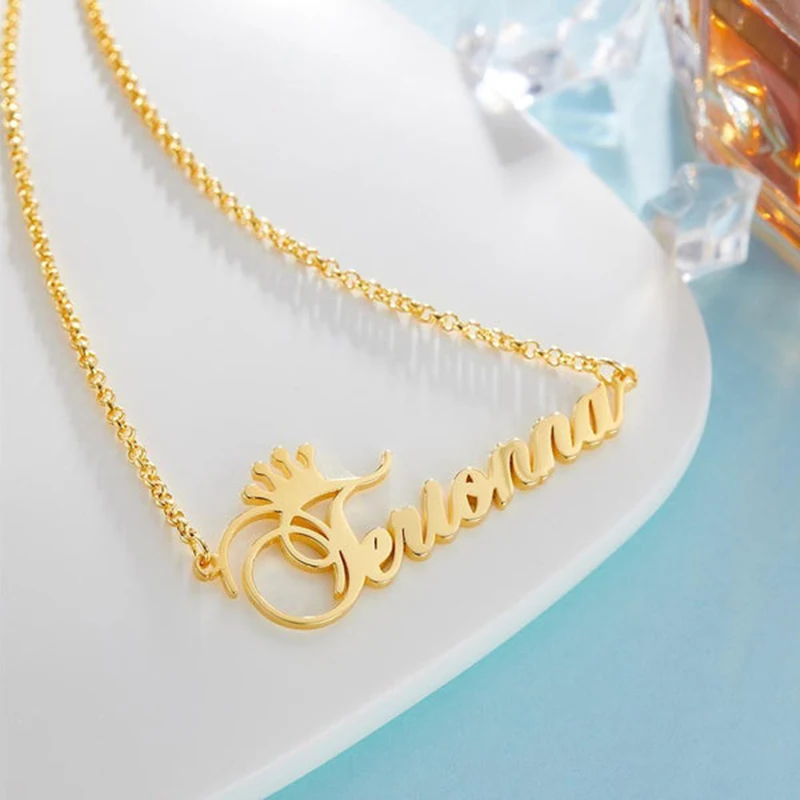 

NOKMIT Custom Name Necklace for Girlfriend Personalized 18k Gold Plated Silver Customized Initial Name Necklace With Crown Gift